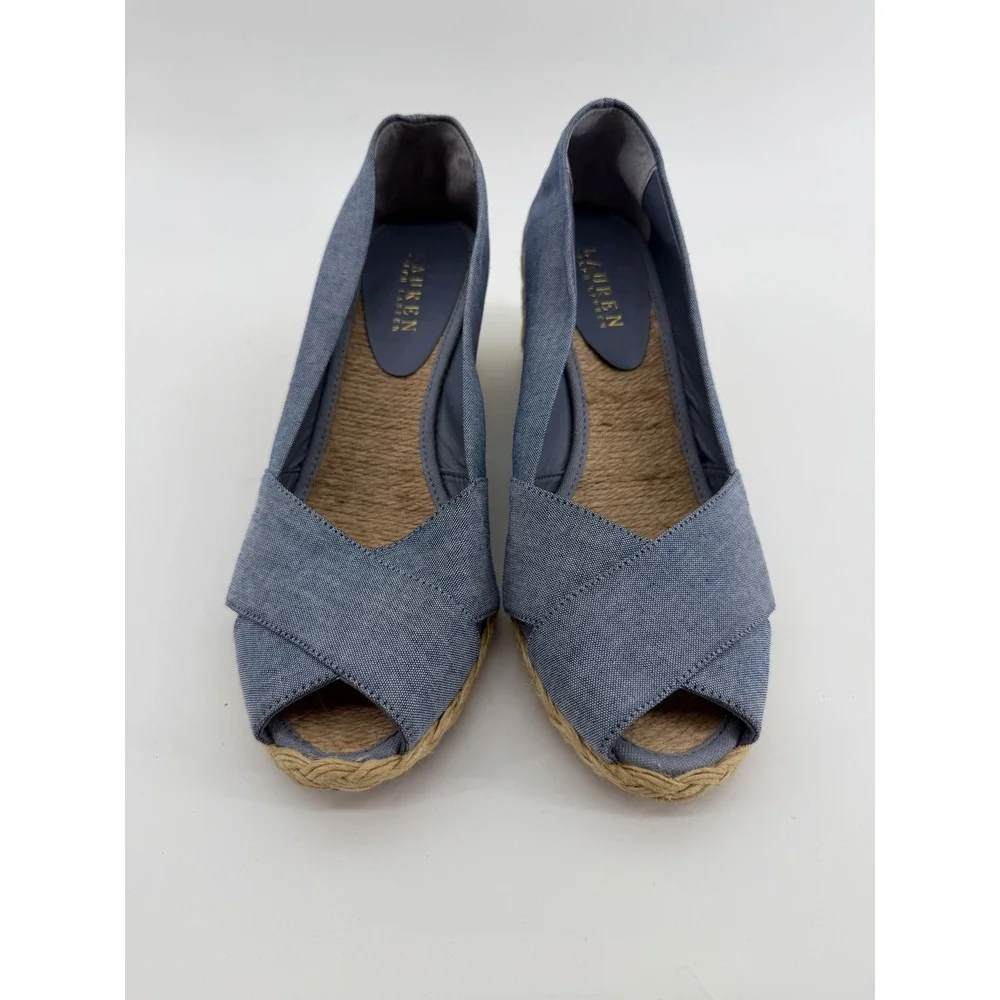 Lauren Ralph Lauren Cecilia Blue Canvas Espadrille Wedge Sandals Womens 10B
